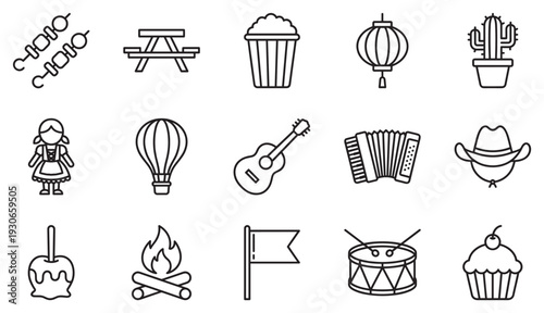 Versatile collection of outline icons illustrating various celebrations, festivals, and outdoor events, ideal for web and print design.
