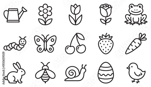 Spring nature garden Easter icons collection features various cute outline symbols representing seasonal themes, growth, and outdoor activities in a playful style.