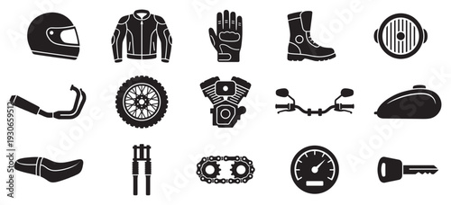 Motorcycle parts and rider gear icons collection in black silhouettes representing essential components for riding safety and vehicle maintenance.