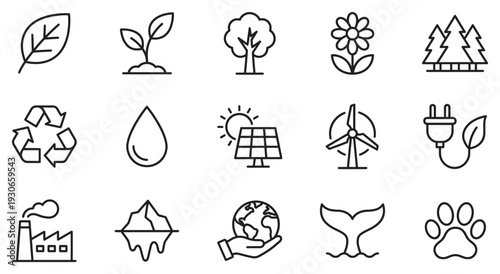 Environmental icons illustrating nature, sustainability, and ecological conservation concepts essential for a greener future and global well-being.