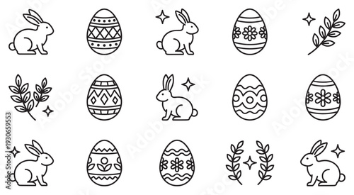 Easter bunnies, eggs, and spring branches form a delightful collection of outline icons representing the joyous spirit of the holiday season.