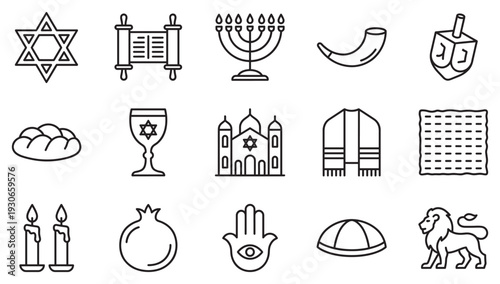 Jewish symbols and religious icons collection in line art style, depicting important elements of Jewish culture, holidays, and traditions for various design projects.