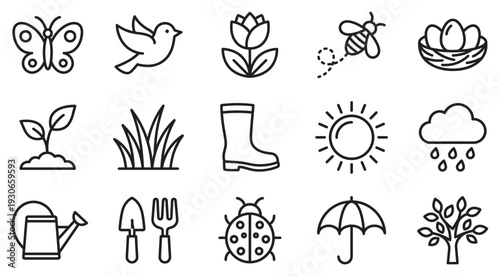 Spring nature gardening weather icons collection features various symbols representing new life, growth, and outdoor activities in a simple outline style.