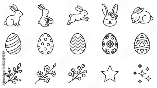 Easter bunnies and eggs, along with spring flowers and stars, form a delightful collection of outline icons perfect for holiday designs.