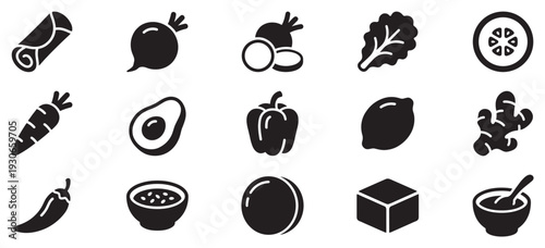 Various food ingredients and cooking elements are depicted as simple, clean, and modern silhouette icons for culinary themes.