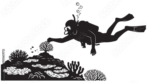 Coral Restoration Diver Planting Coral Fragment — Black Solid Vector Showing Scuba Diver Transplanting Coral Fragment For Reef Rehabilitation And Marine Conservation