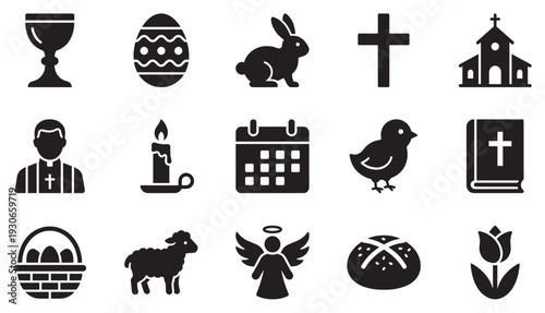 Easter and Christian religious icons collection featuring various spiritual symbols and traditional elements for holiday celebrations and religious events.