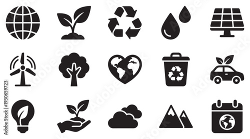 Environmental ecology sustainability icons representing nature conservation, renewable energy, and global responsibility for a healthier planet.