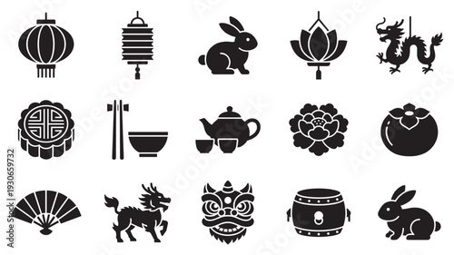 Traditional Chinese cultural icons and symbols representing various festive celebrations and traditions in a simple black silhouette style.
