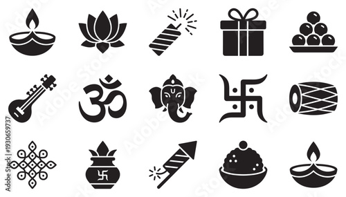 Diwali festival celebration traditional religious cultural icons and elements are depicted in a versatile black silhouette vector set.