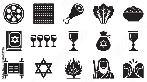 Illustrative collection of traditional Passover and Jewish religious symbols and elements for holiday celebration and cultural representation.