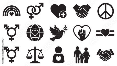 Love, equality, peace, human rights, and family icons are displayed together in a comprehensive collection of diverse social concepts.