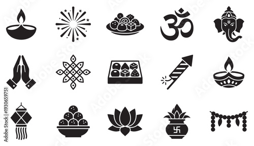 Indian festival celebration icons set featuring traditional symbols of Diwali and Hindu culture for various designs.
