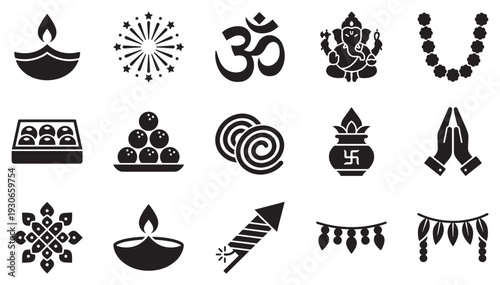 Diwali festival icons and symbols collection representing traditional Indian celebration elements in black silhouettes.
