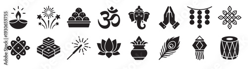 Diwali festival celebration icons set featuring traditional religious and cultural symbols for Hindu holidays.