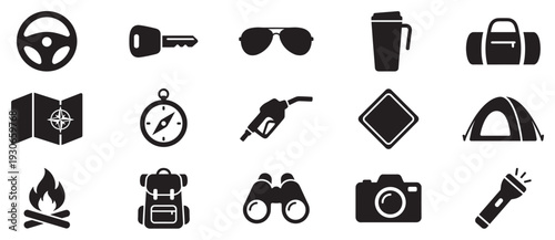 Essential travel and adventure icons for road trips and outdoor exploration, presented as a comprehensive collection of graphic symbols.