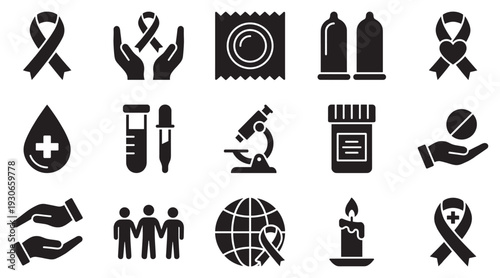 HIV AIDS awareness prevention health icons set illustrating global support, testing, and safe practices for public well-being.