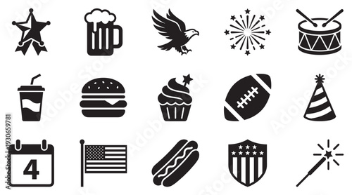 Patriotic celebration icons collection representing American holidays, festivities, and cultural symbols in a simple graphic style.