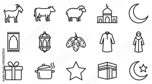 Islamic holiday celebration symbols and cultural elements vector icons representing traditions, worship, and festivities for religious events.
