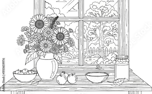 A window view of autumn with a vase of sunflowers, apples, and a jar of preserves