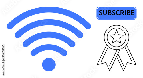 Wireless services, online subscriptions, rewards, digital connectivity, internet access, communication. Blue wireless icon, subscribe banner and a ribbon badge with a star. Wireless services