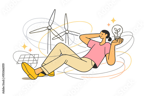 Image Generation. Building a greener future with AI. A relaxed person in harmony with clean technology,