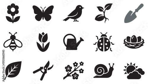 Nature and gardening icons collection featuring a variety of spring, outdoor, and environmental symbols in a clean, minimalist style.