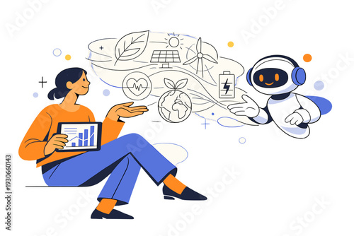 Image Generation. Green technology powered by AI. A person monitoring eco systems with an AI assistant,