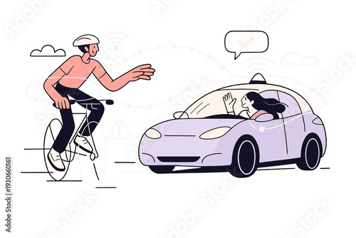 Image Generation. Urban mobility powered by autonomy. A cyclist and an autonomous car sharing the street,