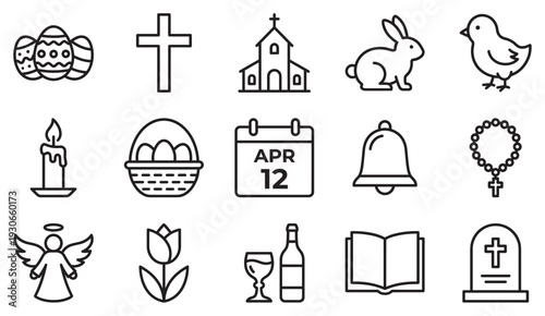 Easter Christian religious holiday celebration line art icons depicting traditional symbols of spring, faith, and renewal for spiritual observances.