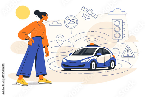 Image Generation. Autonomous vehicles in urban environments. A pedestrian observing a self-driving car