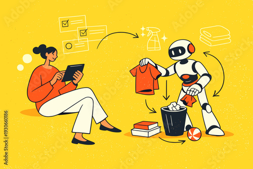 Automated Living. Everyday living with home automation robots. A robot tidying up while a resident checks a