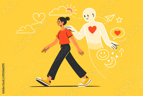 Image Generation. Mental health support in everyday life. A person walking calmly while an AI presence offers