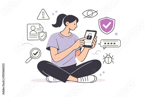 Image Generation. Staying safe online. A user checking privacy settings, outlined alerts and symbols gently