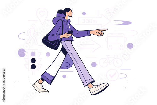 Image Generation. Human-centered urban technology. A pedestrian navigating a smart street with AR wayfinding,