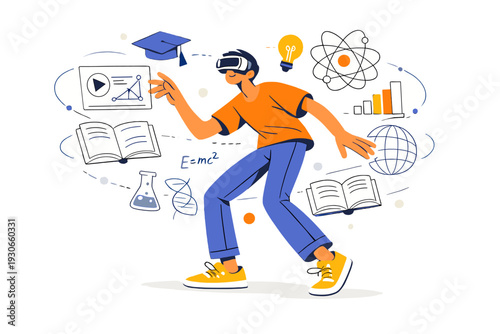 Image Generation. VR and AR education for lifelong learning. An adult learner wearing a VR headset exploring