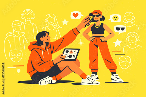 Customizing Virtual Avatars. Digital identity and online avatars. A person customizing a virtual avatar,