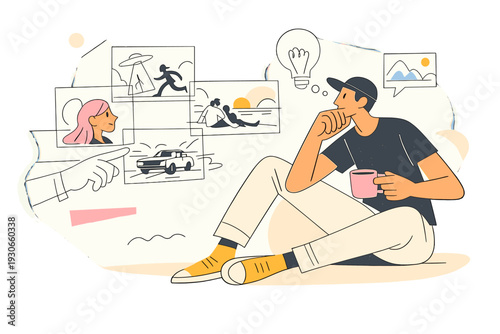 Image Generation. Creative direction with generative AI. A filmmaker reviewing scenes while an AI suggests