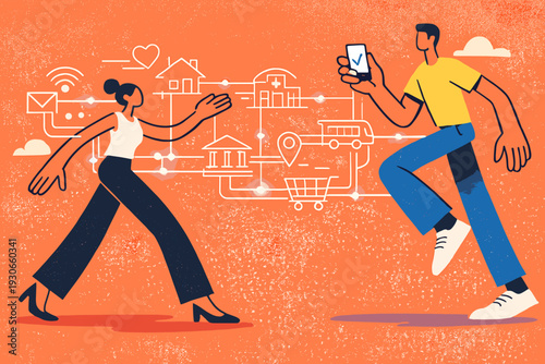 Image Generation. Connected cities, empowered people. Citizens and digital infrastructure shown together,