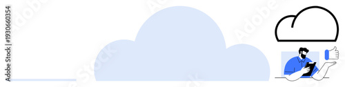 Data storage, remote work, cloud computing, digital communication, internet services, device integration. Man operating a tablet with a cloud icon. Cloud computing and digital communication concept