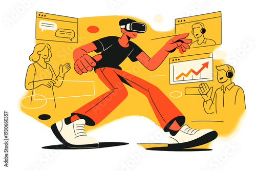 Image Generation. Remote work in virtual reality offices. A professional wearing a VR headset collaborating