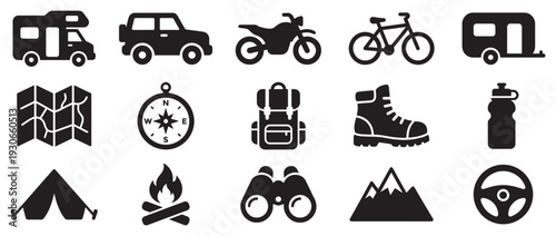 Outdoor adventure symbols collection illustrating various vehicles, equipment, and elements for exploration and recreation.