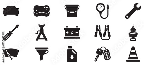 Comprehensive set of automotive maintenance and driving icons depicts various tools and accessories for vehicle care and road safety.