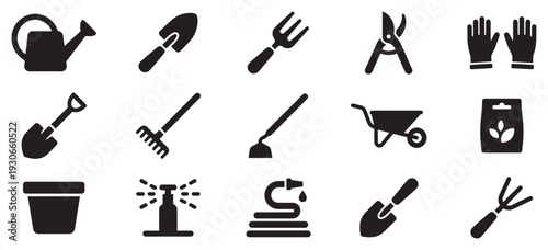 Gardening tools and equipment icons set for horticulture, agriculture, and planting activities, representing various essential items for outdoor work.