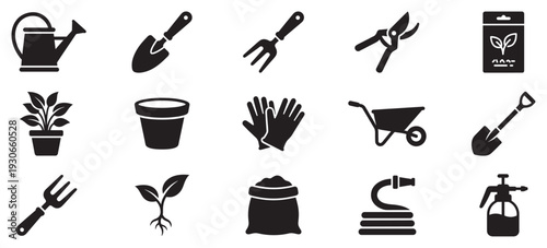 Gardening tools and supplies collection features various essential items for planting, nurturing, and maintaining a garden.