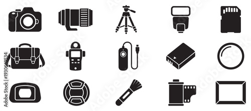 Photography equipment icons collection showcasing essential tools and accessories for professional and amateur photographers to capture stunning images.