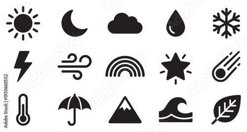 Weather and nature icons collection featuring various meteorological symbols and natural elements for forecasting and environmental representation.