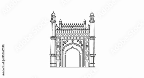 Ornate gateway with twin minarets and arched entrance, rendered in black and white sketch