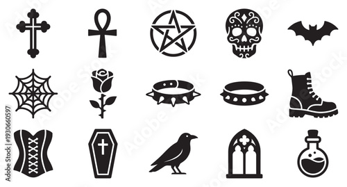 Gothic alternative Halloween symbols and elements set featuring various dark, mystical, and spooky illustrations perfect for design projects.