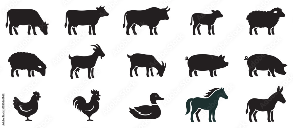 Fototapeta premium Farm animal silhouettes collection featuring various livestock and poultry species such as cows, sheep, goats, pigs, chickens, ducks, horses, and donkeys.